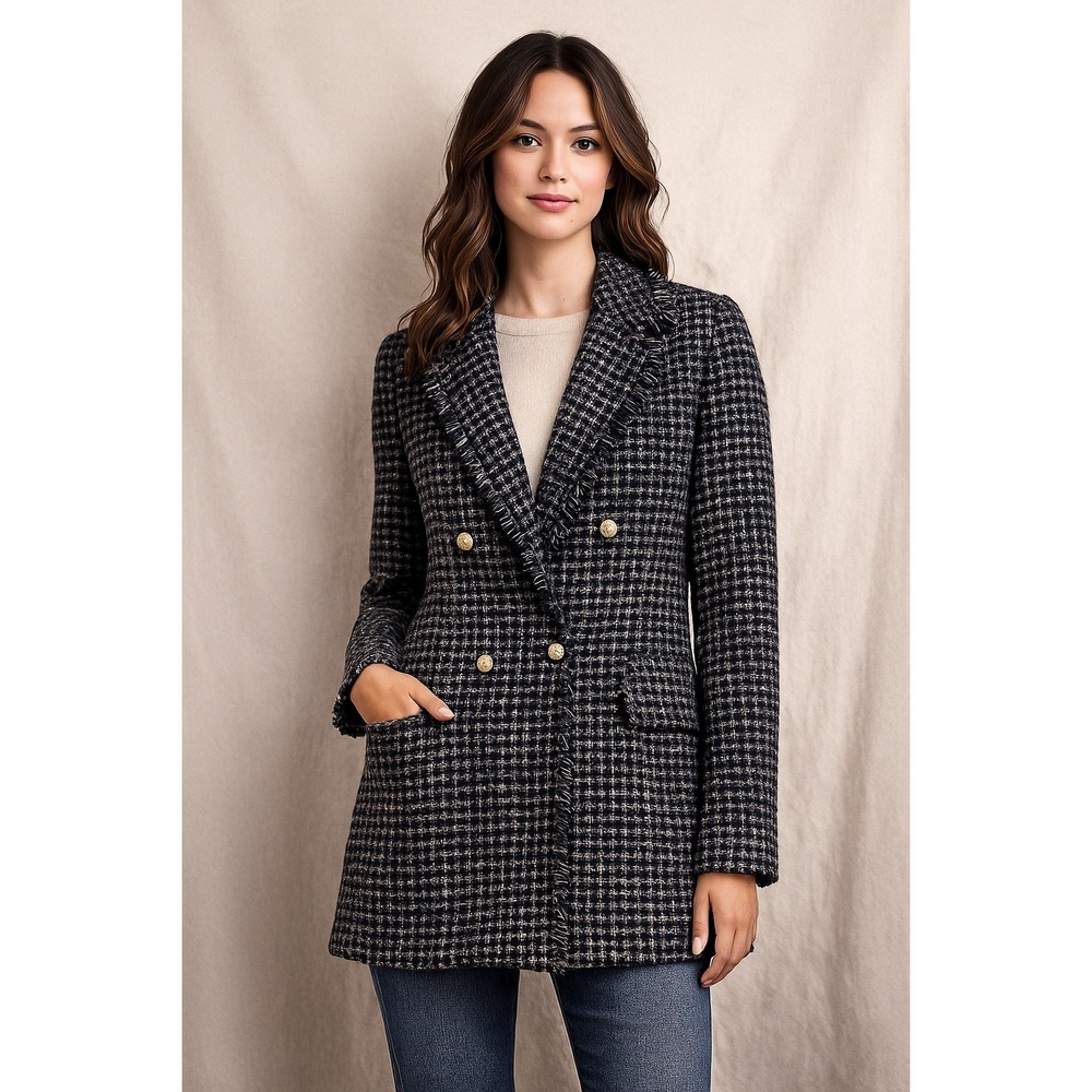 Dolce Cabo Tweed‎ Blazer Double Breasted Gold Buttons Fringe Navy White Sparkle